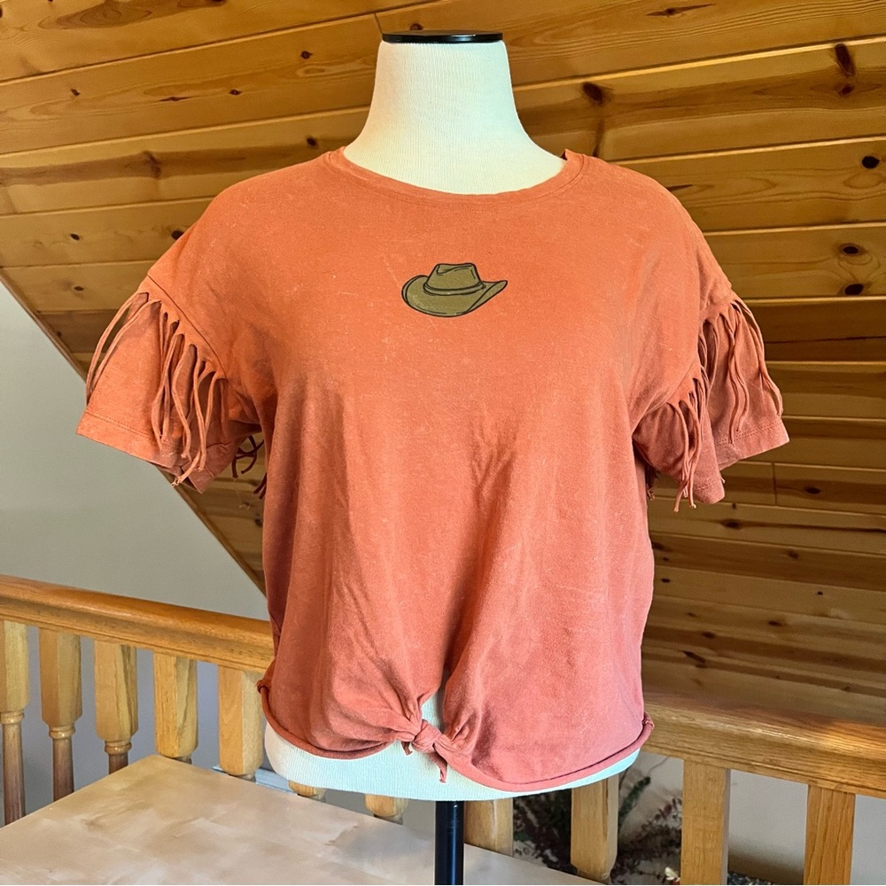 Darling Blue Women's Western Cowgirl Rust Fringe Sleeve Top Size S
